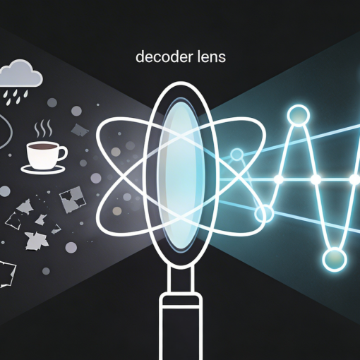 Minimalist line art illustration of a decoding lens transforming chaotic daily icons into a structured geometric pattern.