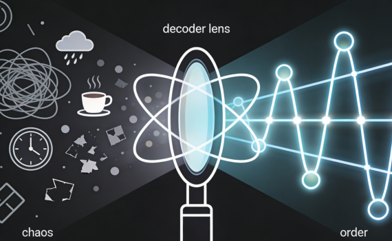 Minimalist line art illustration of a decoding lens transforming chaotic daily icons into a structured geometric pattern.