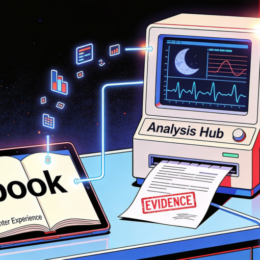 Flat design illustration of a Vitascopium research station. Data symbols float from an input tablet on the left into a central analytical machine displaying charts, finally producing a stamped "EVIDENCE" report on the right.