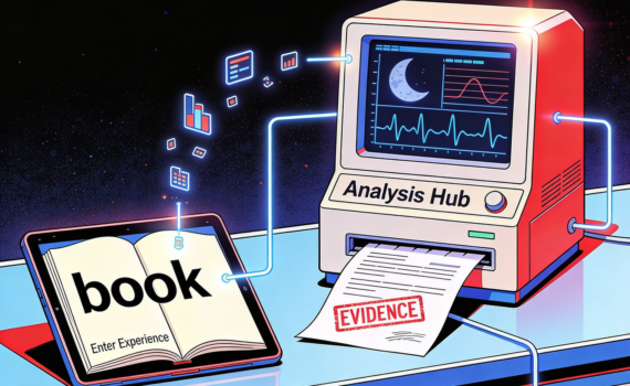 Flat design illustration of a Vitascopium research station. Data symbols float from an input tablet on the left into a central analytical machine displaying charts, finally producing a stamped "EVIDENCE" report on the right.