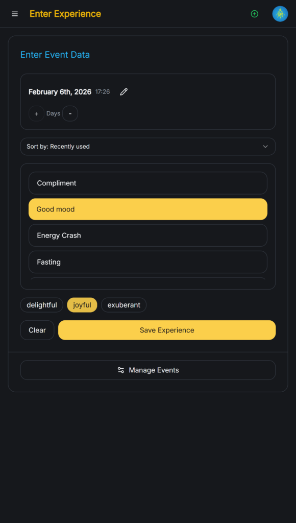 Vitascopium Enter Experience interface for logging daily activities, moods, and event intensities.