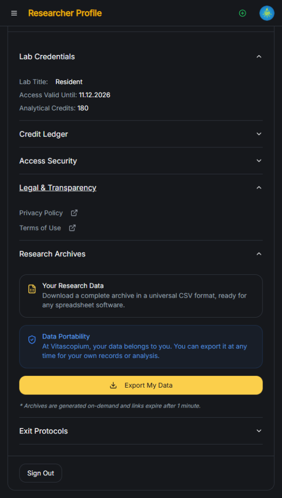 Vitascopium User Profile page displaying lab credentials, researcher rank, and active status.