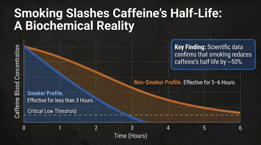 Graph comparing caffeine metabolism half-life in smokers vs non-smokers showing 50% faster drop for tobacco users.