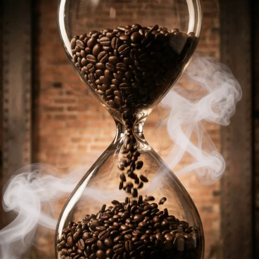 A dramatic, close-up photograph of a detailed glass hourglass with falling dark roasted coffee beans and swirling smoke, set against a blurred background of historic industrial brick and riveted metal beams.