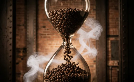 A dramatic, close-up photograph of a detailed glass hourglass with falling dark roasted coffee beans and swirling smoke, set against a blurred background of historic industrial brick and riveted metal beams.